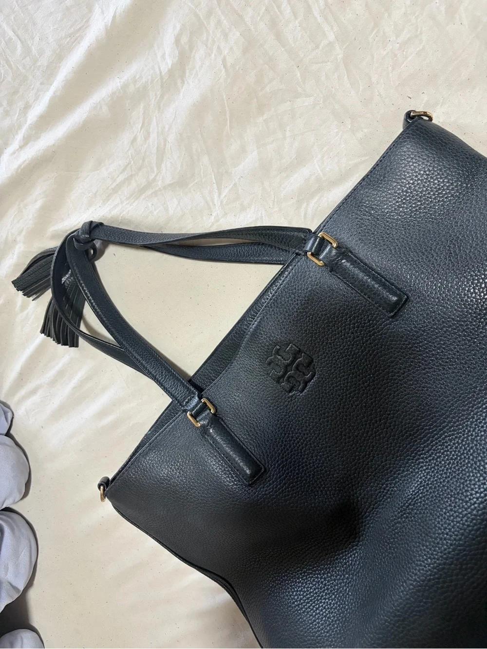 Tory Burch Navy Pebbled Leather Tote with Tassel